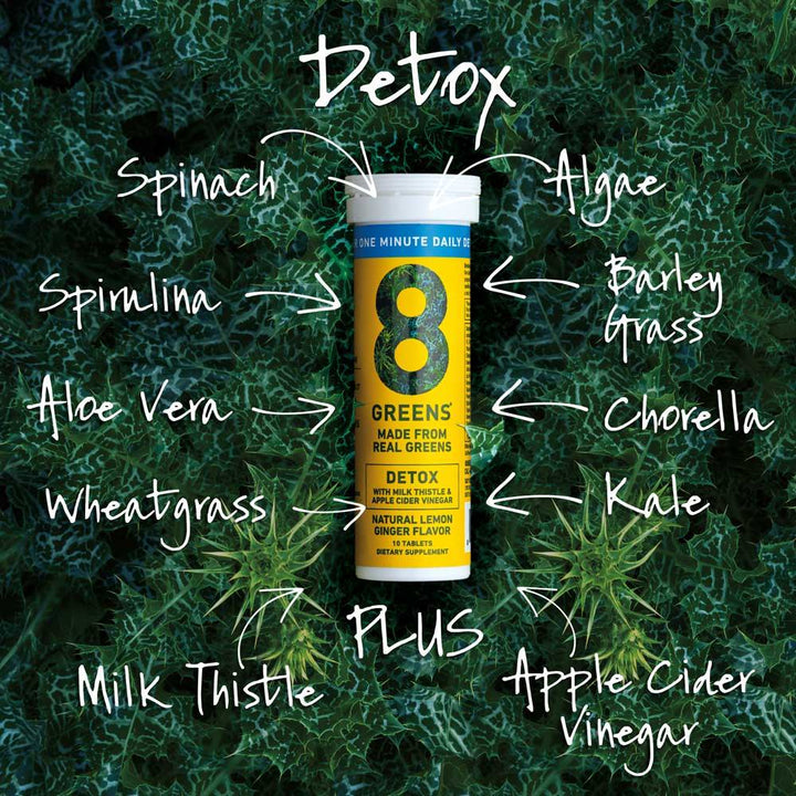 8Greens detox tablets: spinach, algae, spirulina, barley grass, chlorella, cheatgrass, kale, Aloe Vera plus apple cider vinegar + milk thistle 