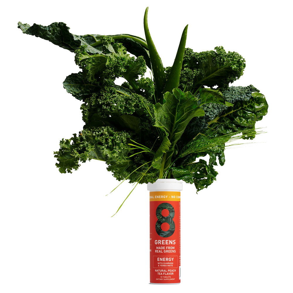 kale, spinach and Aloe vera plant coming out of 8Greens energy tablet package