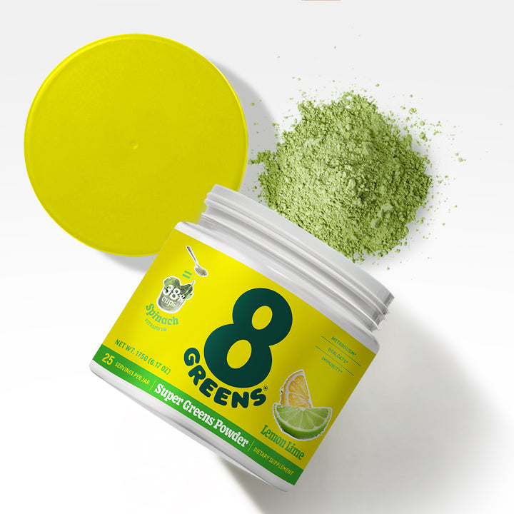 8Greens Super Greens Powder open with green powder coming out