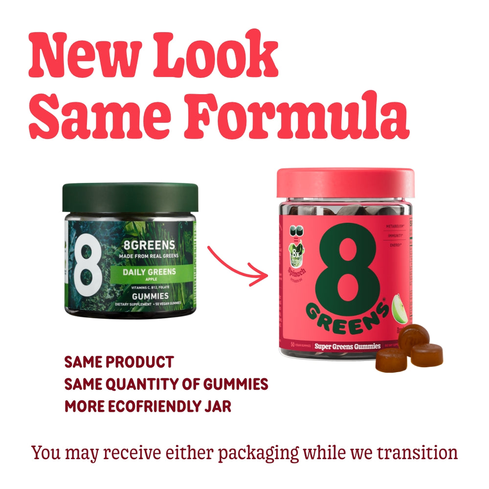 new look same formula - Super greens gummies flavor apple. You may receive either packaging while we transition