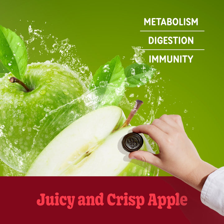 Super greens gummies flavor apple profile of green apples. metabolism digestion and immunity. Juicy and crisp apple