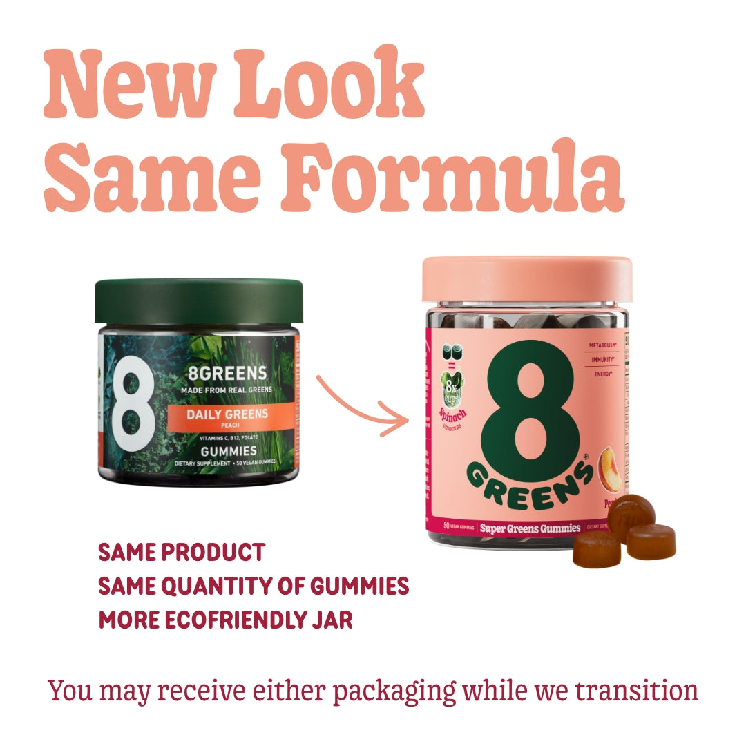 new look same formula for Super greens gummies peach. You may receive either packaging while we transition.