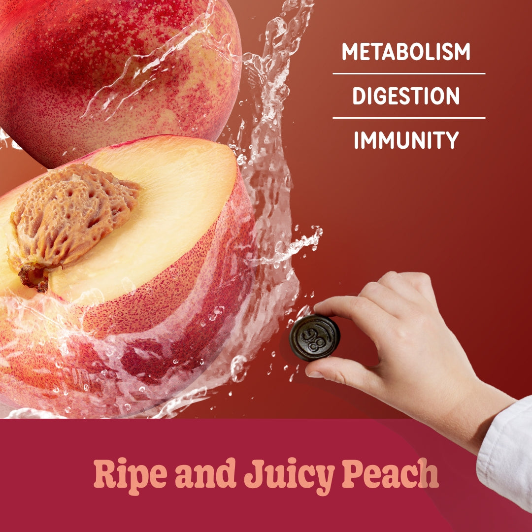 Super greens gummies peach flavor profile: ripe and juicy peach. metabolism, digestion and immunity