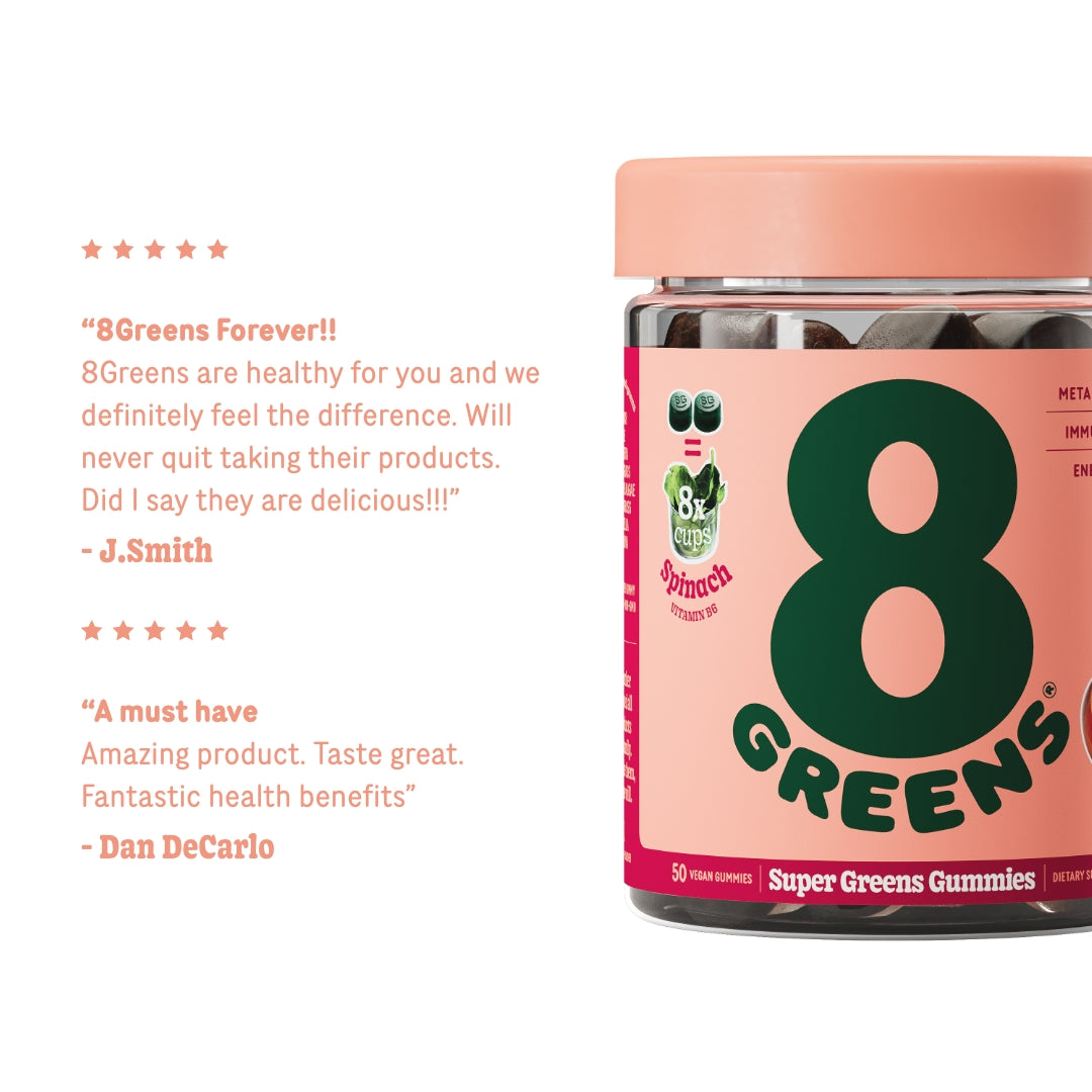 Super greens gummies peach with reviews. "8Greens forever!! 8Greens are healthy for you and we definitely feel the difference. Will never quit taking their products. Did I say they are delicious!!!" J. Smith"