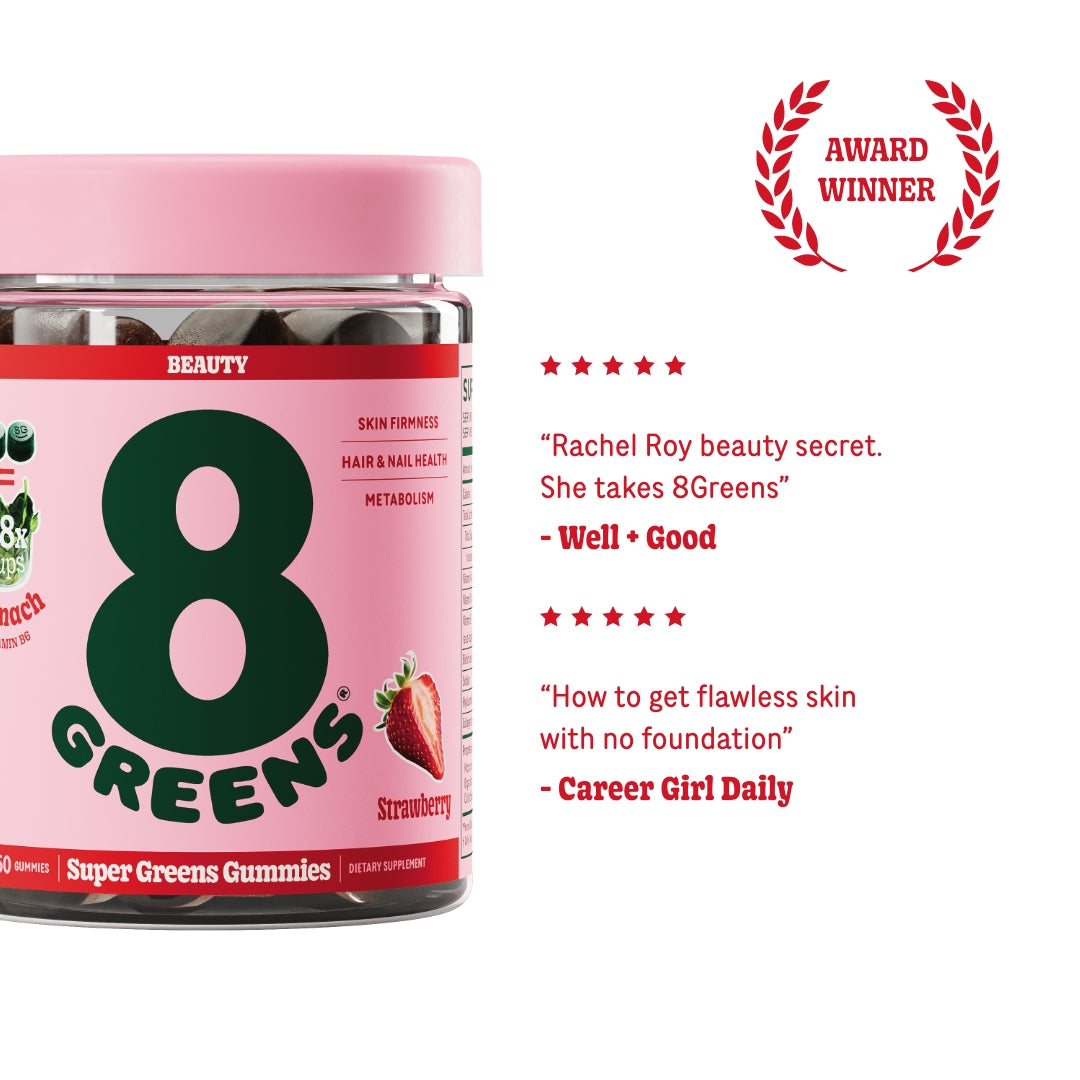 Super greens beauty gummies in flavor strawberry review "rachel roy beauty secrets. she takes 8greens" well + good