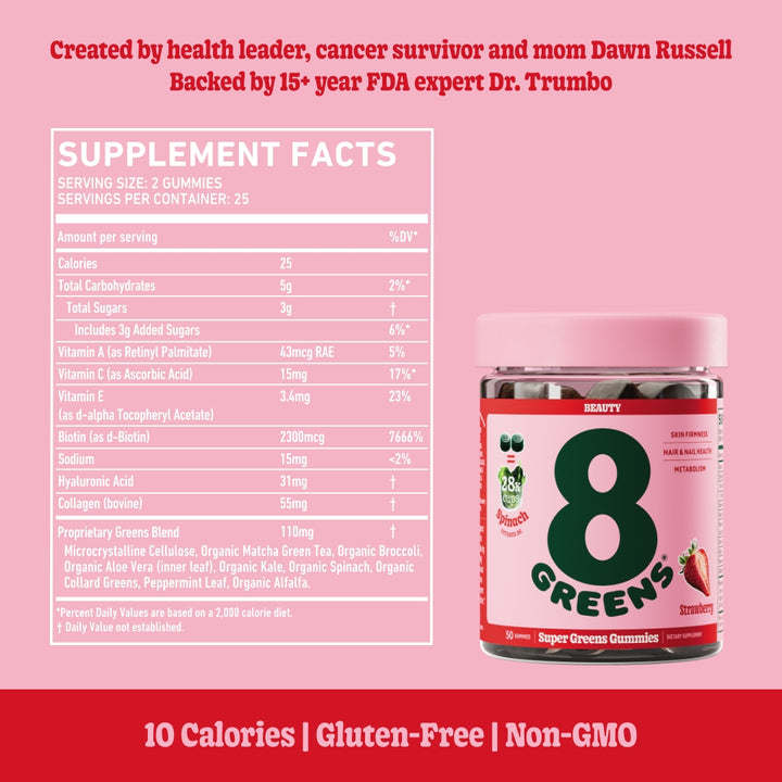 Super greens beauty gummies in flavor strawberry supplement facts