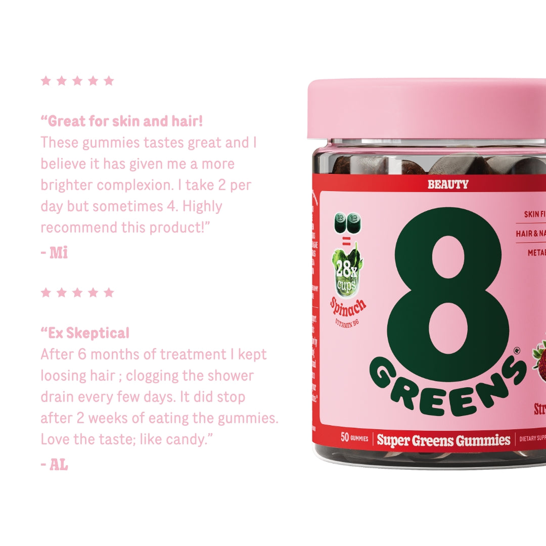 Super greens beauty gummies in flavor strawberry review: "Great for skin and hair!..." Mi