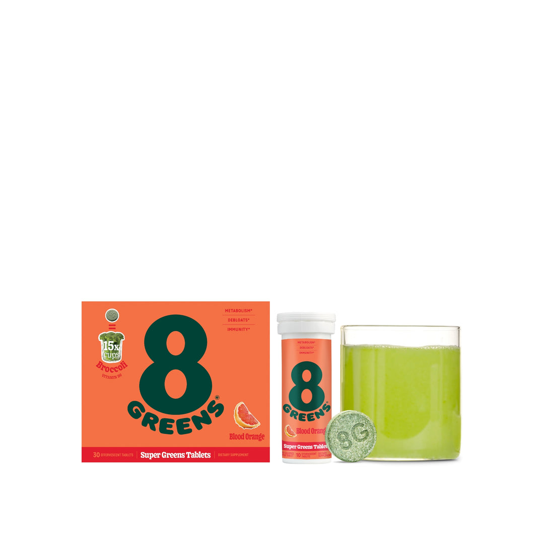 3 pack of super greens tablets flavor blood orange with picture of glass cup with water and tablet mixed in