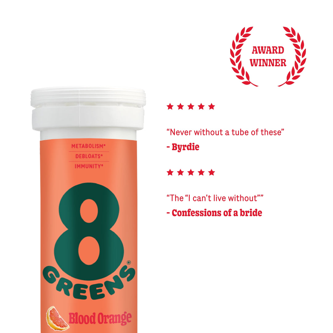 review of super greens tablets flavor blood orange. "never without a tube of these" Byrdie "The "I can't live without"" Confessions of a bride
