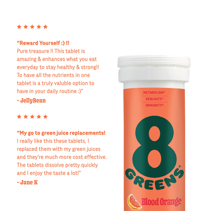 Review of super greens tablet flavor blood orange "rewards yourself :)!! " Jellybean "My go to green juice replacement! I really like these tablets..." Jane K"
