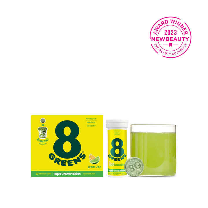 8Greens Super Greens Tablets package 30 pack, 10 pack one tablet and green drink prepared in glass