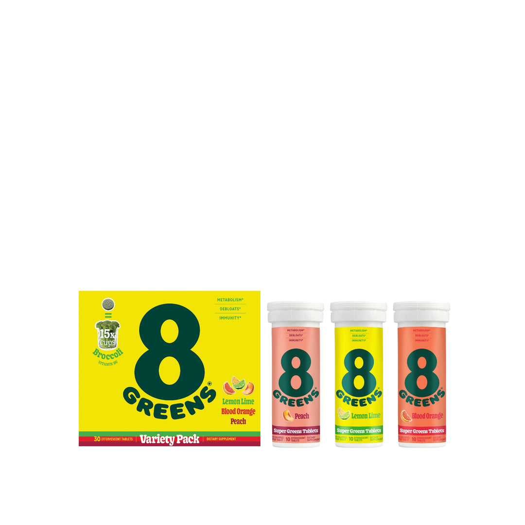 8Greens variety pack next to peach, lemon lime and blood orange tablet bottles