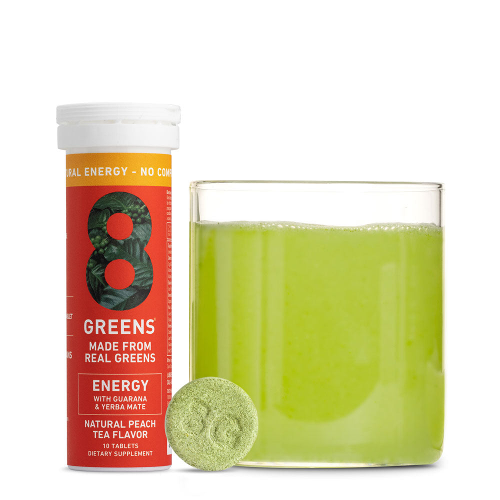 8Greens Energy tablet package and green drink